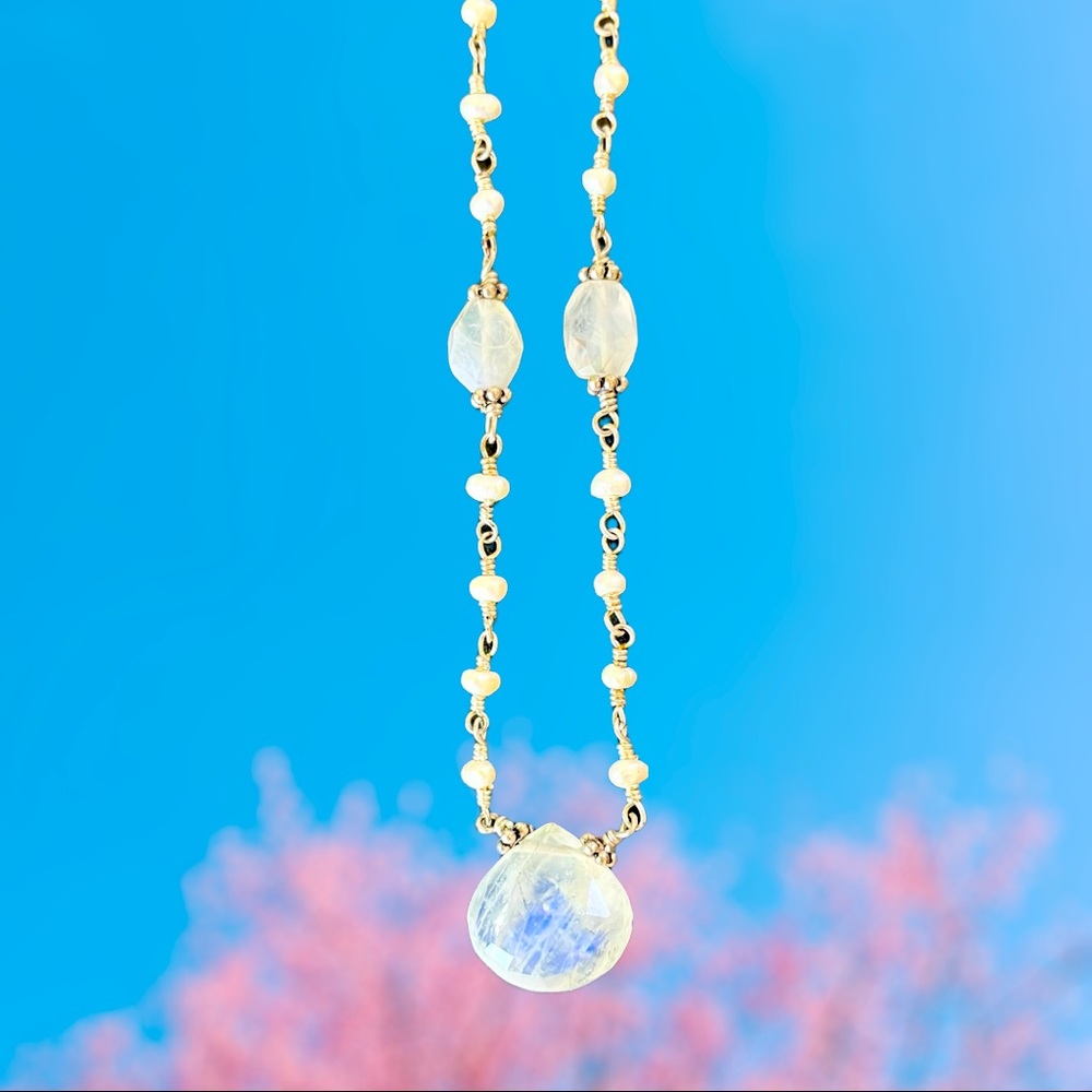 Rainbow Moonstone & Pearl Necklace ~ sterling silver adjustable